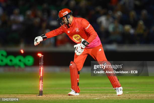 Joe Clarke of Welsh Fire runs out David Wiese of Northern Superchargers during the Hundred match between Welsh Fire and Northern Superchargers at...