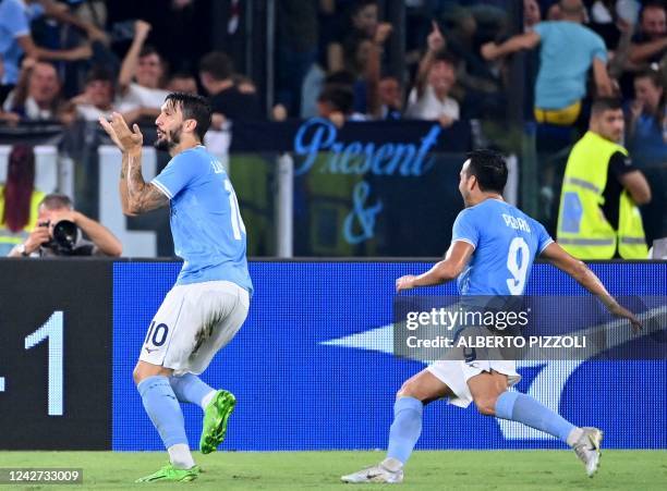 Lazio's Spanish midfielder Luis Alberto celebrates scoring his team's second goal during the Italian Serie A football match between Lazio and...