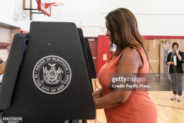 New York State AG Letitia James casts her vote in Democratic primaries at P.S. 11 Purvis J. Behan Elementary School in Brooklyn. Primary voting was...