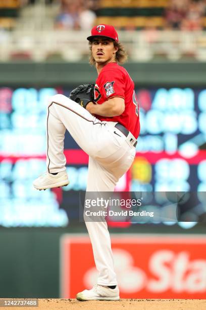 Joe Ryan of the Minnesota Twins delivers a pitch against the San Francisco Giants in the first inning of the game at Target Field on August 26, 2022...