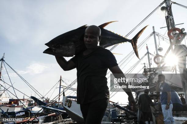 Porters carry fresh big-eyed tuna to be weighed at the General Santos Fish Port Complex in General Santos, the Philippines, on Wednesday, Aug. 24,...