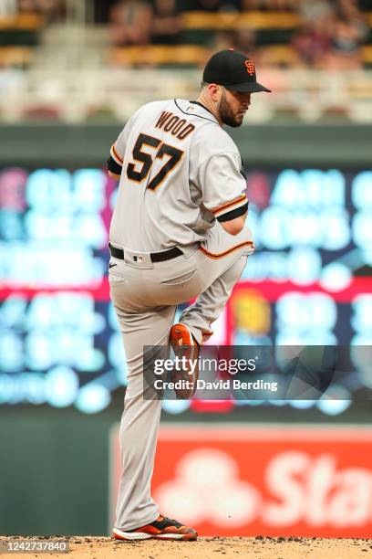 Alex Wood of the San Francisco Giants delivers a pitch against the Minnesota Twins in the first inning of the game at Target Field on August 26, 2022...