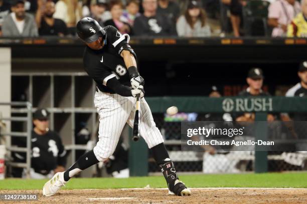Pollock of the Chicago White Sox hits a home run in the eighth inning against the Arizona Diamondbacks at Guaranteed Rate Field on August 26, 2022 in...
