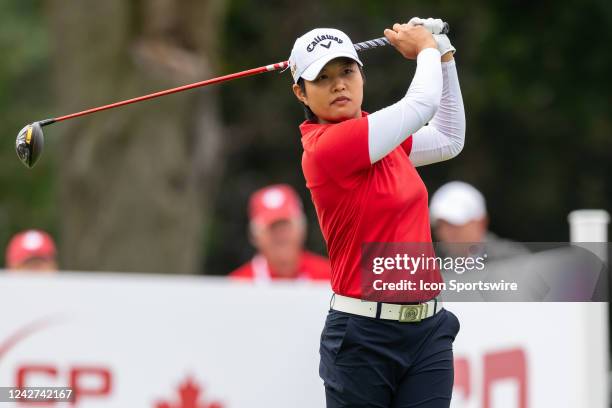 Haru Nomura of Japan tees off on the 1st hole during the second round of the CP Womens Open on August 26 at The Ottawa Hunt and Golf Club in Ottawa,...