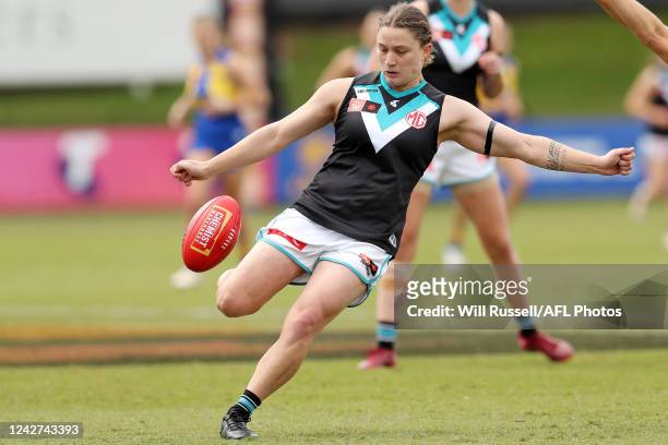 Abbey Dowrick of the Power kicks the ball during the 2022 S7 AFLW Round 01 match between the West Coast Eagles and the Port Adelaide Power at Mineral...