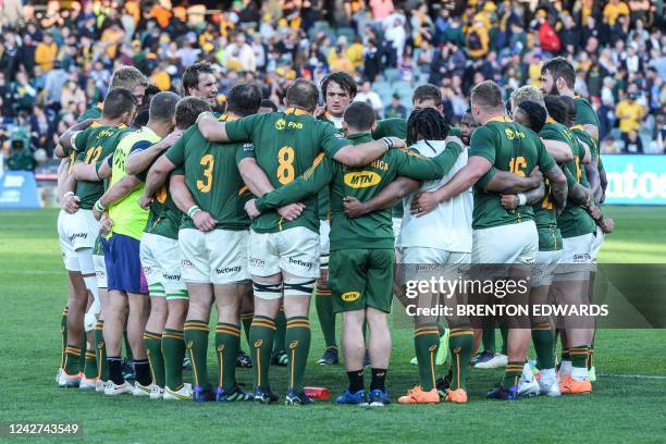 South African players gather after their defeat to Australia at the end of the Rugby Championship match between Australia and South Africa at...