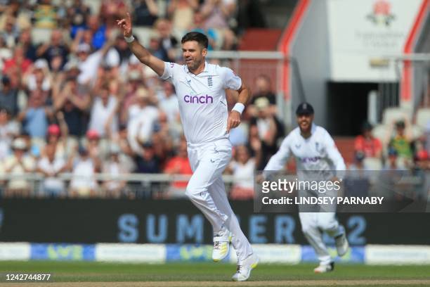 England's James Anderson celebrates after bowling South Africa's Dean Elgar on day 3 of the second Test match between England and South Africa at the...