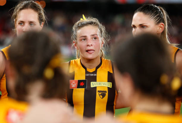 Sophie Locke of the Hawks looks on during the 2022 S7 AFLW Round 01 match between the Essendon Bombers and the Hawthorn Hawks at Marvel Stadium on...