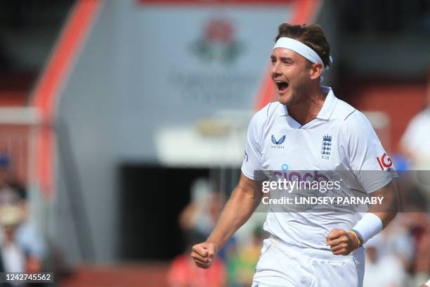 England's Stuart Broad celebrates after bowling South Africa's Aiden Markram, only to have it taken away as a no-ball is declared during play on day...