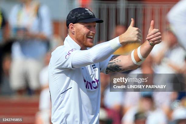 England's captain Ben Stokes gestures in the field on day 3 of the second Test match between England and South Africa at the Old Trafford cricket...