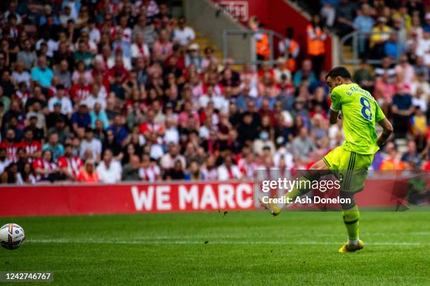 Bruno Fernandes of Manchester United scores a goal to make the score 0-1 during the Premier League match between Southampton FC and Manchester United...
