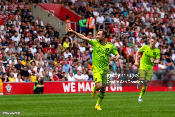 Christian Eriksen of Manchester United celebrates during the Premier League match between Southampton FC and Manchester United at Friends Provident...