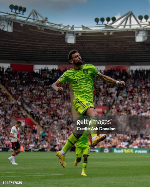 Bruno Fernandes of Manchester United celebrates scoring a goal to make the score 0-1 during the Premier League match between Southampton FC and...