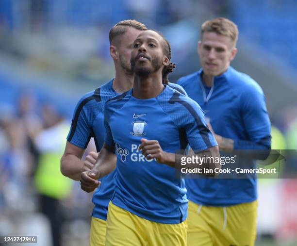 Preston North End's Daniel Johnson during the pre-match warm-up during the Sky Bet Championship between Cardiff City and Preston North End at Cardiff...