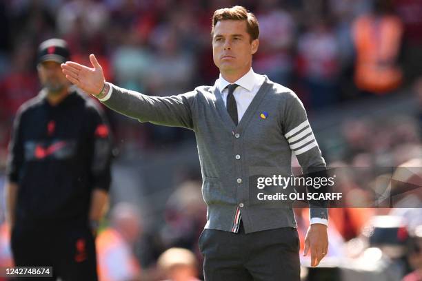 Bournemouth's English head coach Scott Parker gestures on the touchline during the English Premier League football match between Liverpool and...