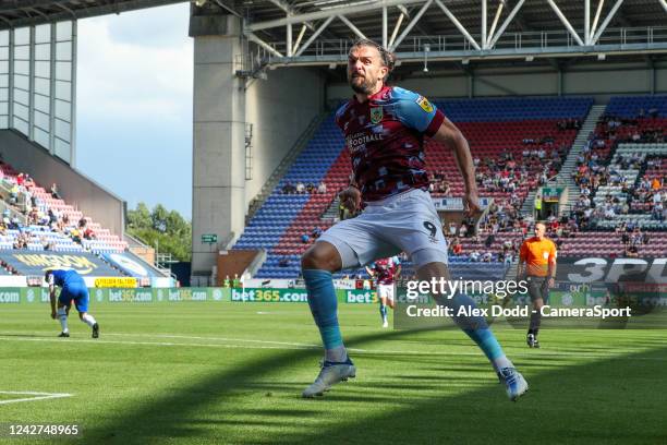 Burnley's Jay Rodriguez celebrates scoring the opening goal during the Sky Bet Championship between Wigan Athletic and Burnley at DW Stadium on...