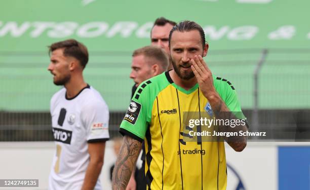 Marco Hoeger of Mannheim looks on during the 3. Liga match between SV 07 Elversberg and SV Waldhof Mannheim at Ursapharmarena on August 27, 2022 in...