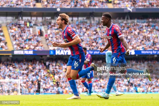 Joachim Andersen of Crystal Palace celebrates with Marc Guehi after scoring goal during the Premier League match between Manchester City and Crystal...