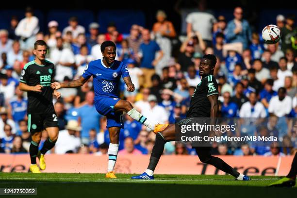 Raheem Sterling of Chelsea scores the opening goal during the Premier League match between Chelsea FC and Leicester City at Stamford Bridge on August...