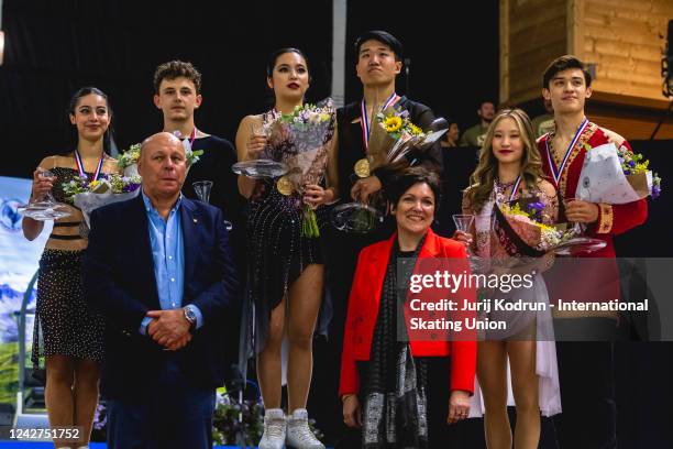 Gold medal winners Hannah Lin and Ye Quan of Korea, silver medal winners Celina Fradji and Jean-Hans Furneaux of France and bronze medal winners...