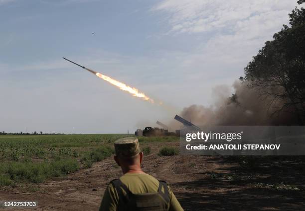 Ukrainian artillery unit fires with a BM-27 Uragan, a self-propelled 220 mm multiple rocket launcher, at a position near a frontline in Donetsk...