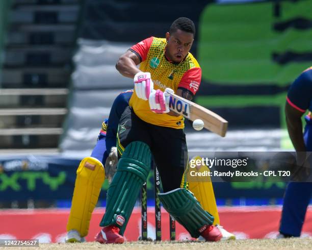 Shimron Hetmyer of Guyana Amazon Warriors hits 4 during the 2022 Hero Caribbean Premier League - The 6IXTY Men's match 8 between Guyana Amazon...