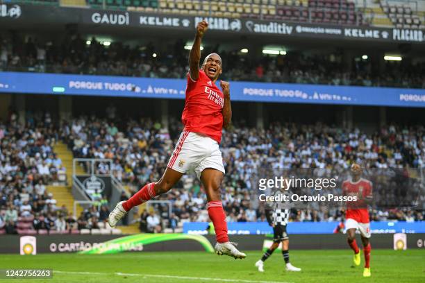 João Mário of SL Benfica celebrates after he scores his sides third goal during the Liga Portugal Bwin match between Boavista and SL Benfica at...