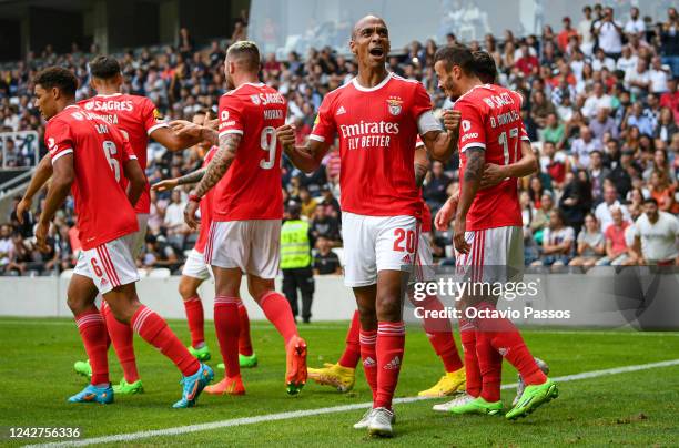 João Mário of SL Benfica celebrates after scores his sides second goal during the Liga Portugal Bwin match between Boavista and SL Benfica at Estadio...