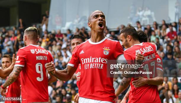 João Mário of SL Benfica celebrates after scores his sides second goal during the Liga Portugal Bwin match between Boavista and SL Benfica at Estadio...