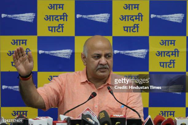 Delhi Deputy Chief Minister Manish Sisodia addresses a press conference, at party headquarters, on August 27, 2022 in New Delhi, India. Manish...