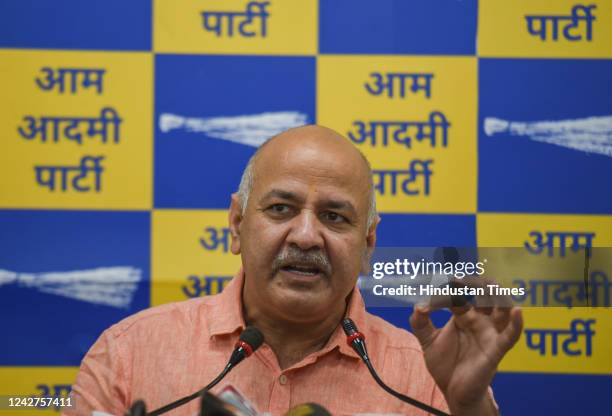 Delhi Deputy Chief Minister Manish Sisodia addresses a press conference, at party headquarters, on August 27, 2022 in New Delhi, India. Manish...