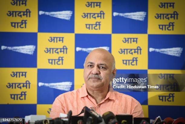 Delhi Deputy Chief Minister Manish Sisodia addresses a press conference, at party headquarters, on August 27, 2022 in New Delhi, India. Manish...