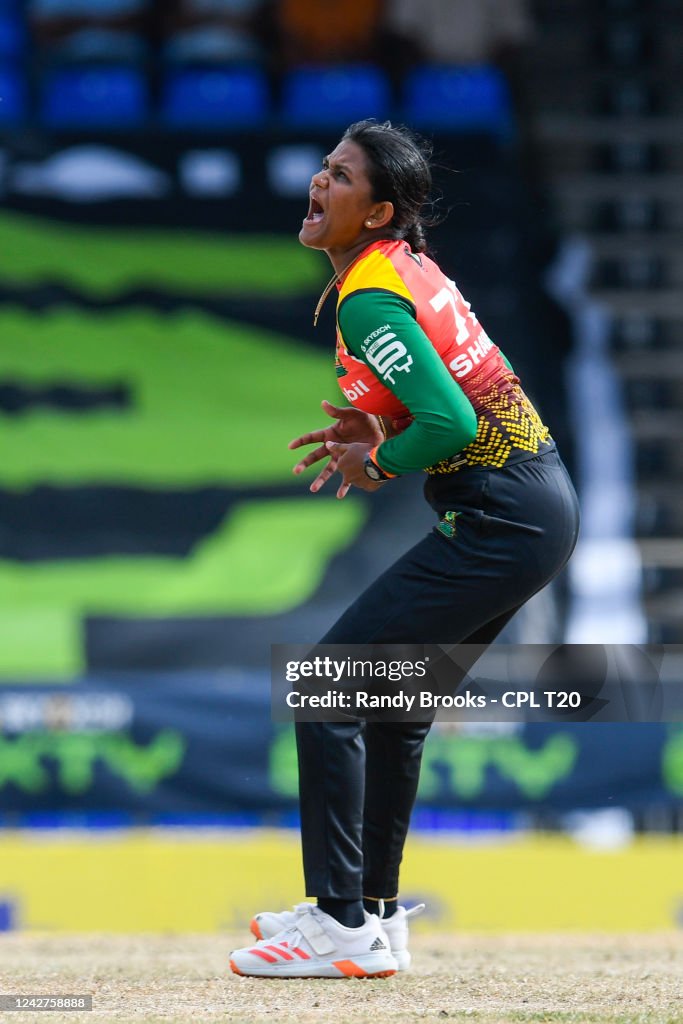 Shabika Rai Shabika Gajnabi of Guyana Amazon Warriors in pain after hit on the ...