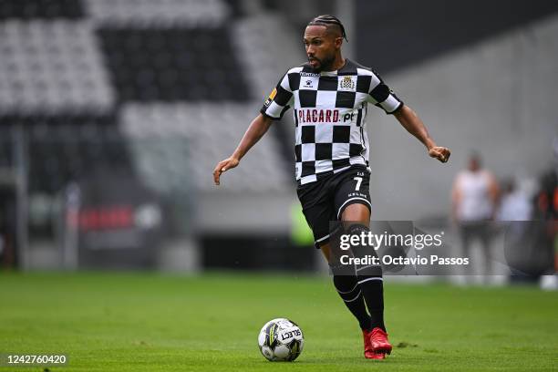 Kenji Gorré of Boavista in action during the Liga Portugal Bwin match between Boavista and SL Benfica at Estadio do Bessa on August 27, 2022 in...