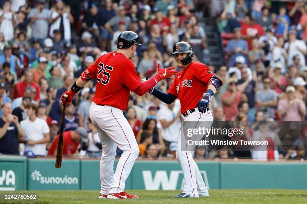 Enrique Hernandez of the Boston Red Sox is greeted by Kevin Plawecki after his home run against the Tampa Bay Rays during the fourth inning at Fenway...