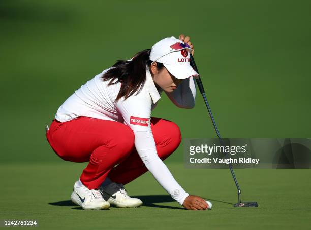 Hye-Jin Choi of South Korea eyes up a putt on the 18th green during the third round of the CP Women's Open at Ottawa Hunt and Golf Club on August 27,...