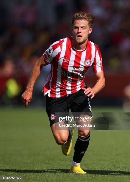 Mathias Jensen of Brentford during the Premier League match between Brentford FC and Everton FC at Brentford Community Stadium on August 27, 2022 in...