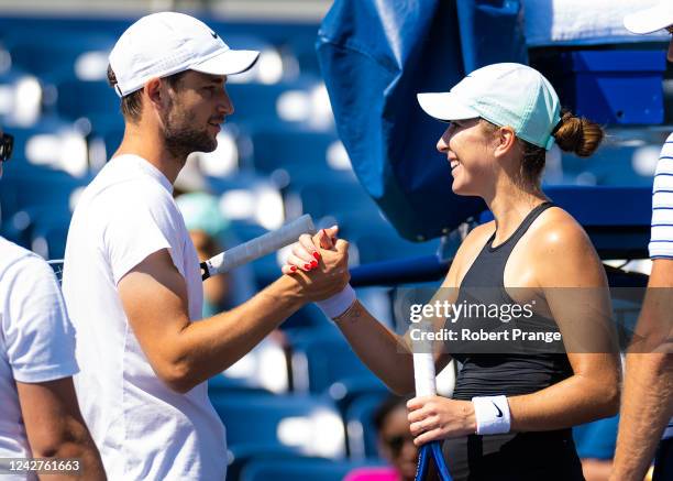 Belinda Bencic of Switzerland and coach Sebastian Sachs during practice ahead of the US Open Tennis Championships at USTA Billie Jean King National...