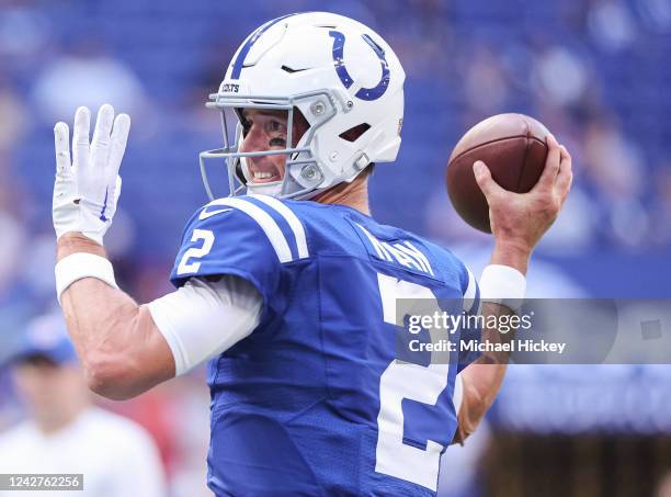 Matt Ryan of Indianapolis Colts warms up before the game against the Tampa Bay Buccaneers at Lucas Oil Stadium on August 27, 2022 in Indianapolis,...