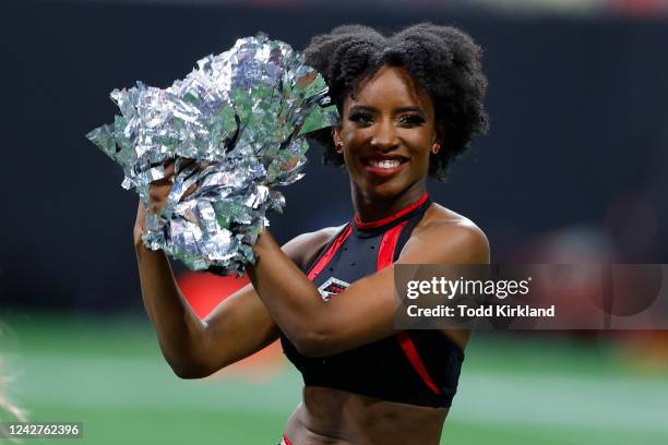 Atlanta Falcons cheerleaders perform during the second half of the preseason game against the Jacksonville Jaguars at Mercedes-Benz Stadium on August...