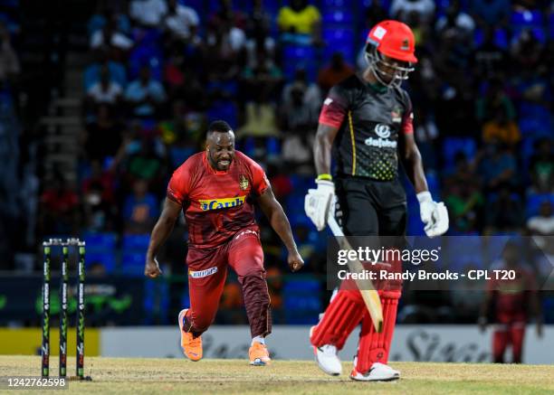 Andre Russell of Trinbago Knight Riders celebrates the dismissal of Sherfane Rutherford of St Kitts & Nevis Patriots during the 2022 Hero Caribbean...