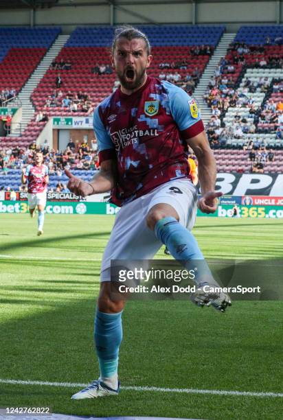 Burnley's Jay Rodriguez celebrates scoring the opening goal during the Sky Bet Championship between Wigan Athletic and Burnley at DW Stadium on...