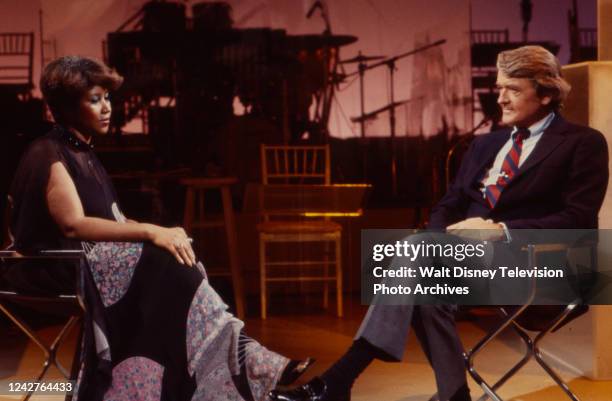 Los Angeles, CA Aretha Franklin being interviewed by Hal Holbrook on the ABC tv series 'Omnibus'.