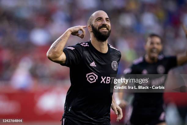 Gonzalo Higuaín of Inter Miami CF celebrates his goal in the first half of the Major League Soccer match against New York Red Bulls at Red Bull Arena...