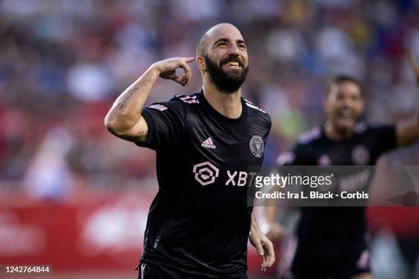 Gonzalo Higuaín of Inter Miami CF celebrates his goal in the first half of the Major League Soccer match against New York Red Bulls at Red Bull Arena...