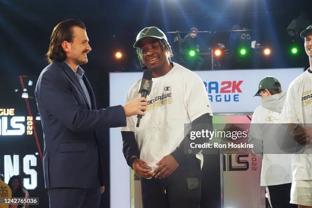 Reporter, Jamie Dirk Diaz Ruiz interviews Johhny of Bucks Gaming after winning the 2022 NBA 2K League 5v5 Finals on August 27, 2022 at NBA 2K League...