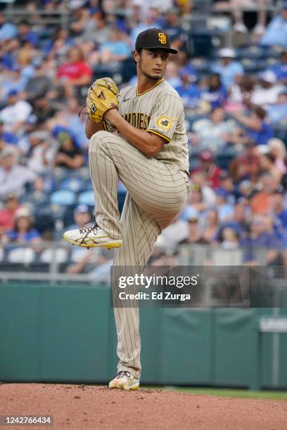 Yu Darvish of the San Diego Padres throws in the first inning against the Kansas City Royals at Kauffman Stadium on August 27, 2022 in Kansas City,...