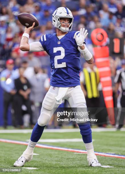 Matt Ryan of Indianapolis Colts throws the ball during the first half of a preseason game against the Tampa Bay Buccaneers at Lucas Oil Stadium on...