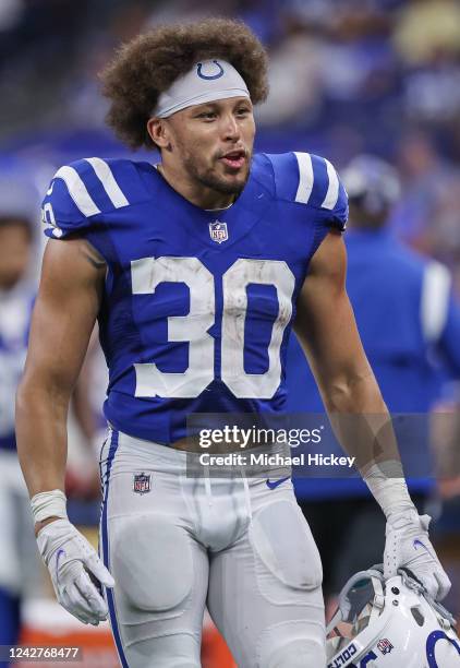 Phillip Lindsay of Indianapolis Colts is seen on the sidelines during the second half of a preseason game against the Tampa Bay Buccaneers at Lucas...