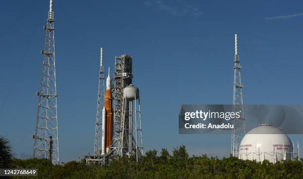 NASAâs Artemis 1 rocket stands ready for launch on pad 39-B at the Kennedy Space Center on August 27 in Cape Canaveral, Florida. The rocket is being...